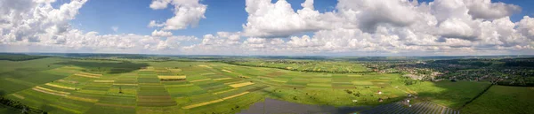 Vista Aérea Del Paisaje Campos Agrícolas Verdes Cultivados Con Cultivos —  Fotos de Stock