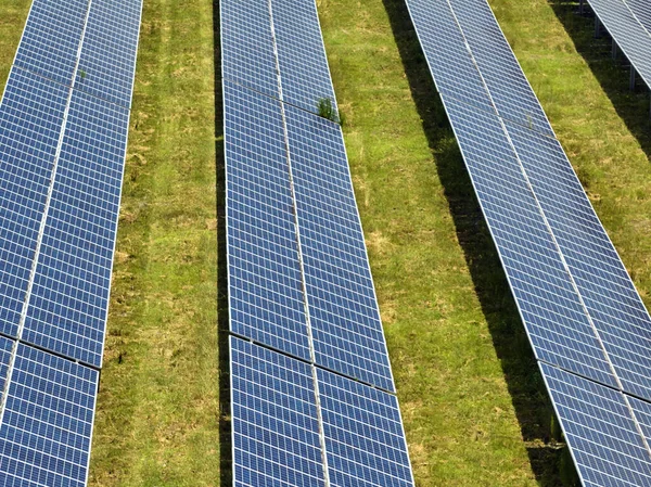 Aerial View Large Sustainable Electrical Power Plant Rows Solar Photovoltaic — Stock Photo, Image