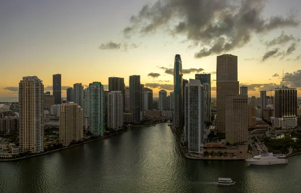 Evening urban landscape of downtown district of Miami Brickell in Florida, USA. Skyline with dark high skyscraper buildings in modern american megapolis.