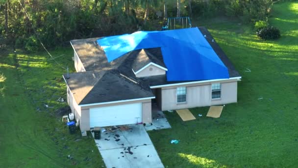 Top View Leaking House Roof Covered Protective Tarp Sheets Rain — Stock Video