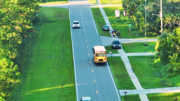 Luchtfoto Van Amerikaanse Gele Schoolbus Die Kinderen Oppikt Bij Bushalte — Stockvideo