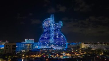 Aerial view of guitar shaped Seminole Hard Rock Hotel and Casino structure in Florida.