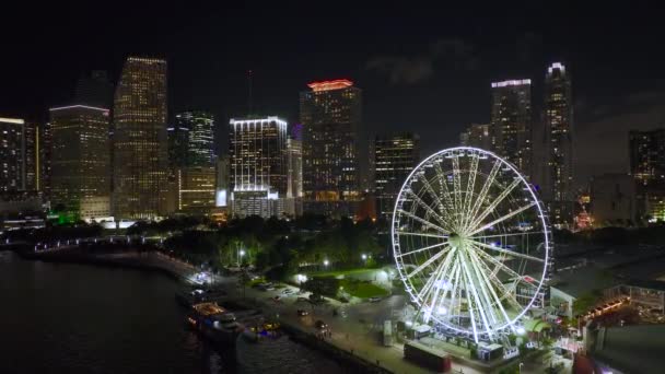 位于Bayside Marketplace的Skyview Miami Observation Wheel 在Biscayne湾的水中反射 以及位于市中心金融中心Brickell的高光摩天大楼 美国夜晚的城市景观 — 图库视频影像