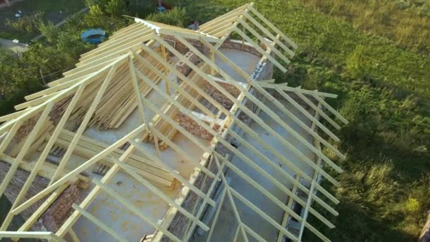 Aerial View Unfinished Residential House Wooden Roof Frame Structure Construction — Video Stock