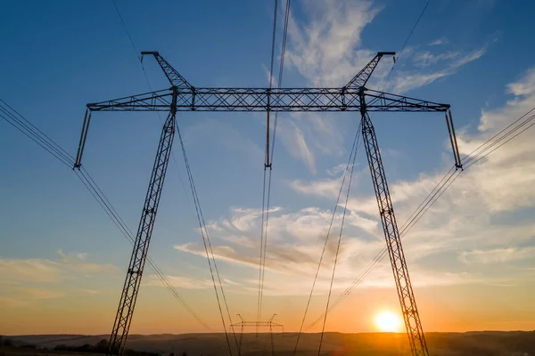 High Voltage Tower Electric Power Lines Sunset Transmission Electricity — Stock Photo, Image