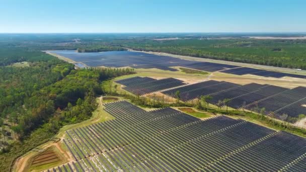 Aerial View Large Sustainable Electrical Power Plant Rows Solar Photovoltaic — Stock Video