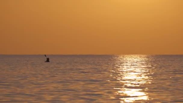 Темний Силует Самотнього Рибалки Веслує Своєму Човні Морській Воді Заході — стокове відео