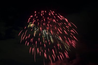 Aerial view of bright fireworks exploding with colorful lights against dark night sky on US Independence day holiday.