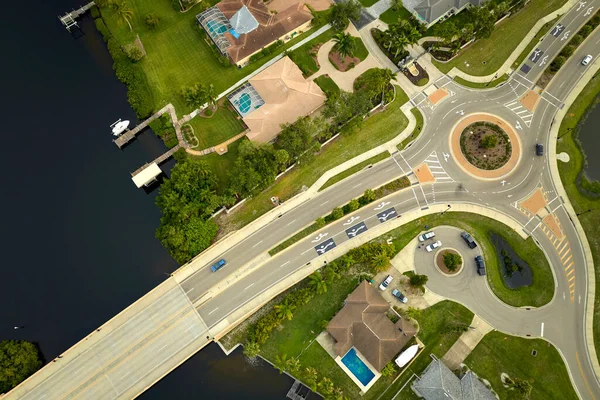 Aerial View American Suburban Area Rural Road Roundabout Intersection Moving — Stock Photo, Image