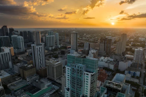 stock image Aerial view of downtown office district of Miami Brickell in Florida, USA at sunset. High commercial and residential skyscraper buildings in modern american megapolis.