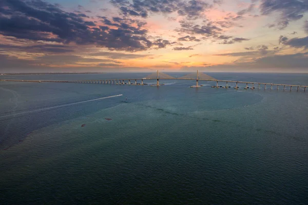 stock image Aerial view of Sunshine Skyway Bridge over Tampa Bay in Florida with moving traffic. Concept of transportation infrastructure.