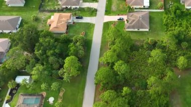 Florida 'nın sakin kırsal kesimindeki yeşil palmiye ağaçları arasındaki banliyö özel evlerinin hava manzarası.