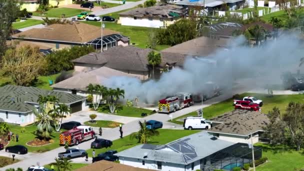 Aerial View House Fire Firefighters Extinguishing Flames Short Circuit Caused — Stock Video