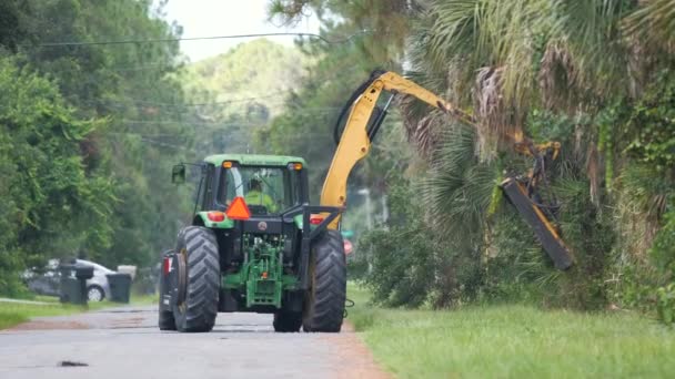 Obras Públicas Tractor Utilitario Poda Árboles Braches Vegetación Lado Calle — Vídeo de stock