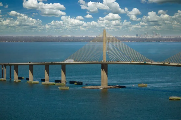 stock image Aerial view of Sunshine Skyway Bridge over Tampa Bay in Florida with moving traffic. Concept of transportation infrastructure.