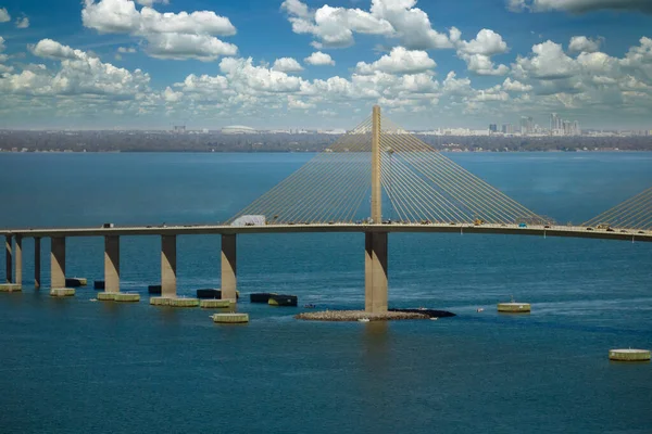 Stock image Aerial view of Sunshine Skyway Bridge over Tampa Bay in Florida with moving traffic. Concept of transportation infrastructure.