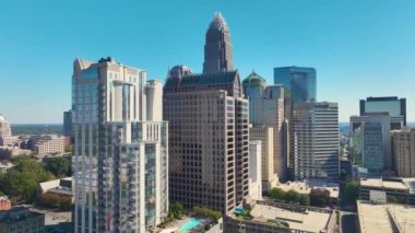 Urban landscape of downtown district of Charlotte city in North Carolina, USA. Skyline with high skyscraper buildings in modern american megapolis.