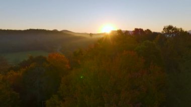 Appalachian dağlarının sonbahar mevsiminde ışıl ışıl parlayan yemyeşil ve çam ağaçlarıyla hava manzarası. Günbatımında güzel doğanın sonbahar manzarası.