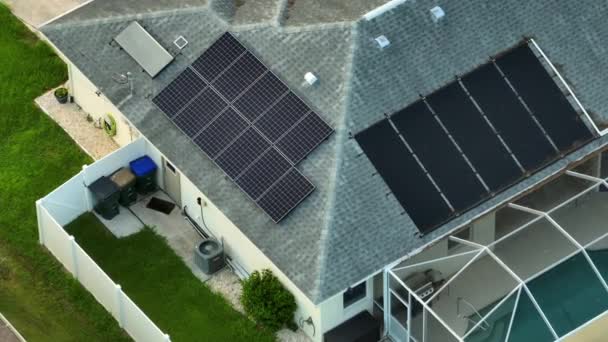Aerial View Typical American Building Roof Rows Blue Solar Photovoltaic — Video Stock