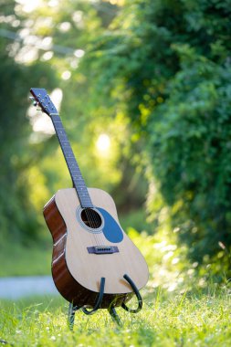 Acoustic guitar outdoors on greenery background. Concept of calm music.