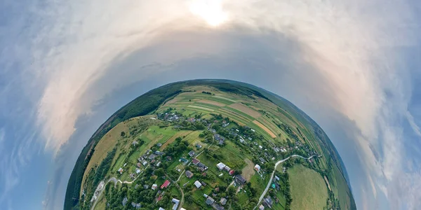Flygfoto Från Hög Höjd Liten Planet Jord Med Små Byhus — Stockfoto