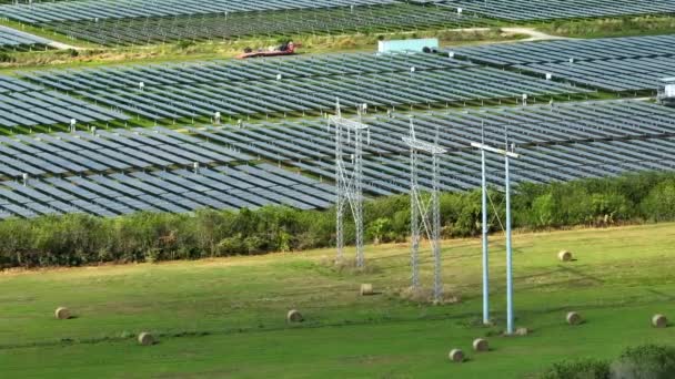 Blick Von Oben Auf Ein Photovoltaik Kraftwerk Mit Vielen Reihen — Stockvideo
