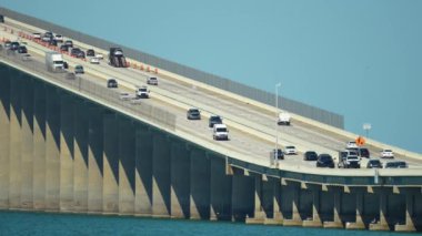 Sunshine Skyway Bridge over Tampa Bay in Florida with moving traffic. Concept of transportation infrastructure.