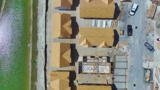 Vista Superior Casas Madera Construcción Nueva Zona Suburbana Desarrollo Desarrollo — Vídeos de Stock