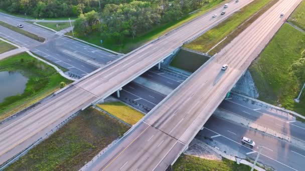 Aerial View Freeway Overpass Junction Fast Moving Traffic Cars Trucks — Stock Video