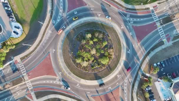 Traffic Circle American Road Driving Cars Overhead View Roundabout Intersection — Stock Video