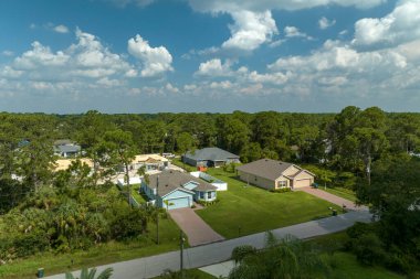 Florida 'nın sakin kırsal kesimindeki yeşil palmiye ağaçları arasındaki banliyö özel evlerinin hava manzarası.
