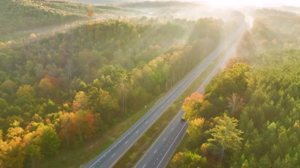 Widok Powietrza Ruchliwej Amerykańskiej Autostrady Szybkim Ruchem Otoczony Przez Jesienne — Wideo stockowe