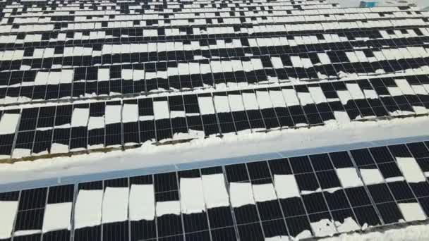 Aerial View Electrical Power Plant Solar Panels Covered Snow Melting — Video