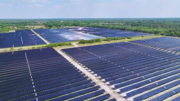 Uitzicht Van Bovenaf Fotovoltaïsche Elektriciteitscentrale Met Vele Rijen Zonnepanelen Voor — Stockvideo