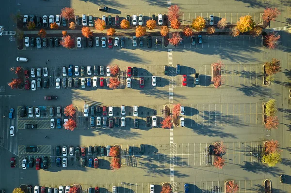 Aerial View Many Colorful Cars Parked Parking Lot Lines Markings — Fotografia de Stock