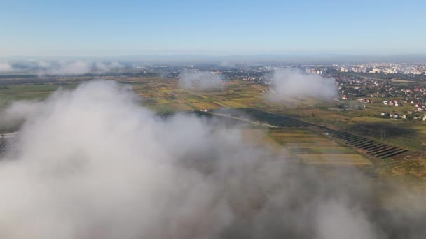 Aerial View High Altitude Landscape Covered Puffy Morning Fog Cold — Stockvideo