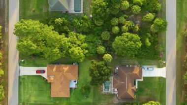 Florida 'nın sakin kırsal kesimindeki yeşil palmiye ağaçları arasındaki banliyö özel evlerinin hava manzarası.