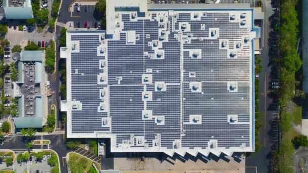 Aerial View Blue Photovoltaic Solar Panels Mounted Shopping Mall Building — Stok video