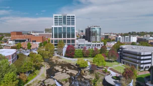 Aerial View Reedy River Waterfalls Downtown Greenville City South Carolina — Stock Video
