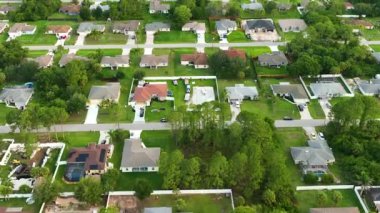 Florida 'nın sakin kırsal kesimindeki yeşil palmiye ağaçları arasındaki banliyö özel evlerinin hava manzarası.