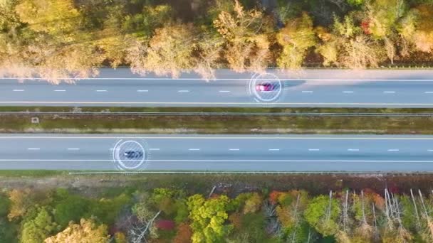 Luftaufnahme Autonomer Autos Die Auf Amerikanischen Autobahnen Mit Schnell Fahrendem — Stockvideo