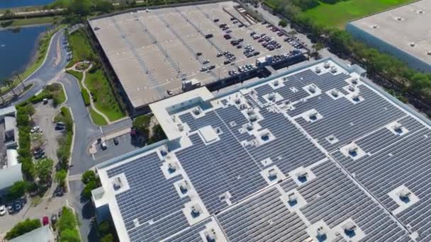 Aerial View Blue Photovoltaic Solar Panels Mounted Shopping Mall Building — Stock Video