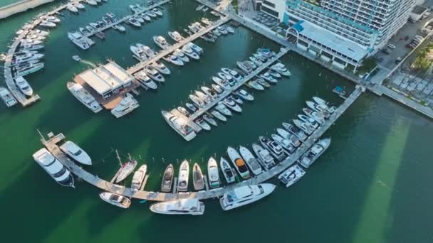 Город Майами Флориде Сша Роскошными Яхтами Застрявшими Заливе Бискейн Центре — стоковое видео