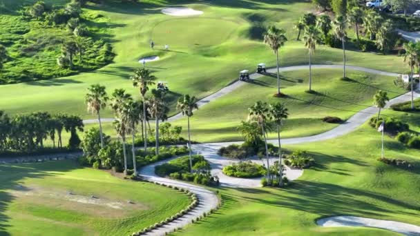 在阳光灿烂的佛罗里达州 空中俯瞰着高尔夫球手在广阔的绿色高尔夫球场上驾驶高尔夫球车的情景 富人的积极生活方式 — 图库视频影像
