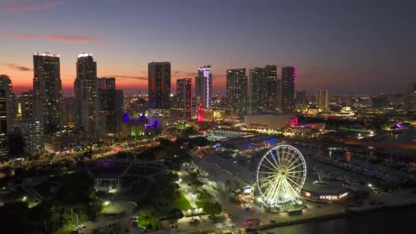 Amerikanische Stadtlandschaft Bei Nacht Skyviews Miami Observation Wheel Bayside Marketplace — Stockvideo