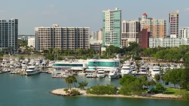サラソータ湾マリーナに停泊する豪華なヨット 米国フロリダ州サラソータのダウンタウン地区の都市景観 現代のアメリカのメガポリスの高層ビルのあるスカイライン — ストック動画