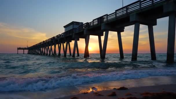 日没時にフロリダのヴェネツィアの釣り桟橋 サーフィン波が砂のビーチでクラッシュし サルガッスムの海藻で覆われた夕景 — ストック動画