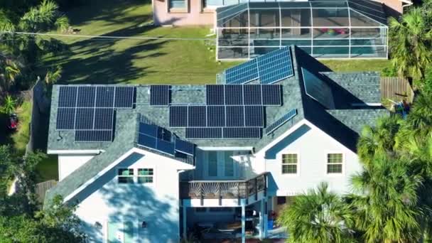 Aerial View Typical American Building Roof Rows Blue Solar Photovoltaic — Stock video
