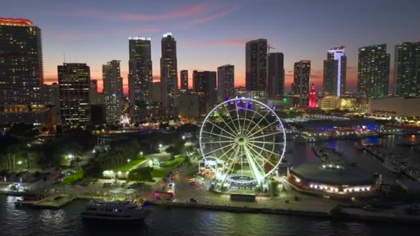 位于Bayside Marketplace的Skyview Miami Observation Wheel 在Biscayne湾的水中反射 以及位于市中心金融中心Brickell的高光摩天大楼 美国夜晚的城市景观 — 图库视频影像