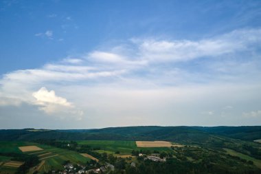 Açık mavi gökyüzünün açık hava manzarası yeşil ekili tarlalar, büyüyen ekinler ve parlak yaz gününde uzak ormanlık alanlar..